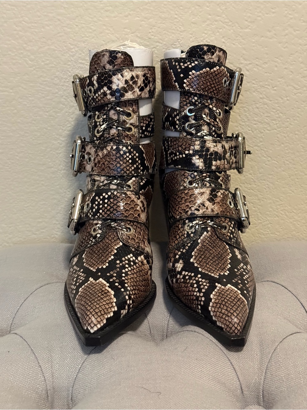 Jeffrey Campbell Snake-Print Buckle Lace-Up Ankle Boots — Brown & Black